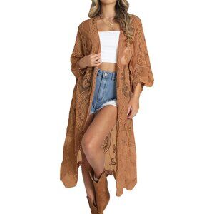 🆕Women Brown Mesh Open Front Cardigan Swimsuit Cover Up Beach Bathing Suit